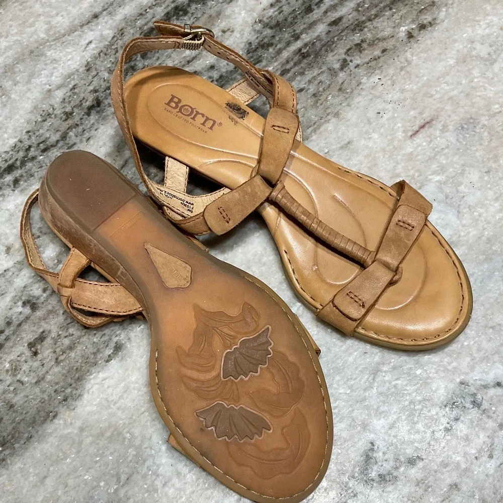 Born Sandals Womens 8 Leather T-Strap Wedge Tan Boho Summer CQL16